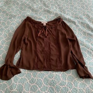 Retro Flare Sleeve Brown Blouse